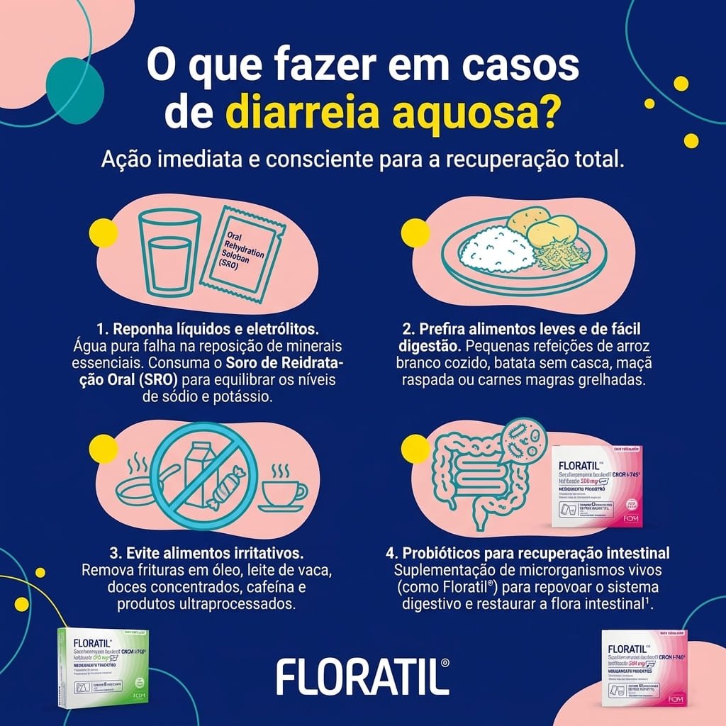 Infográfico sobre o que fazer em casos de diarreia aquosa com hidratação, alimentação leve e probióticos.