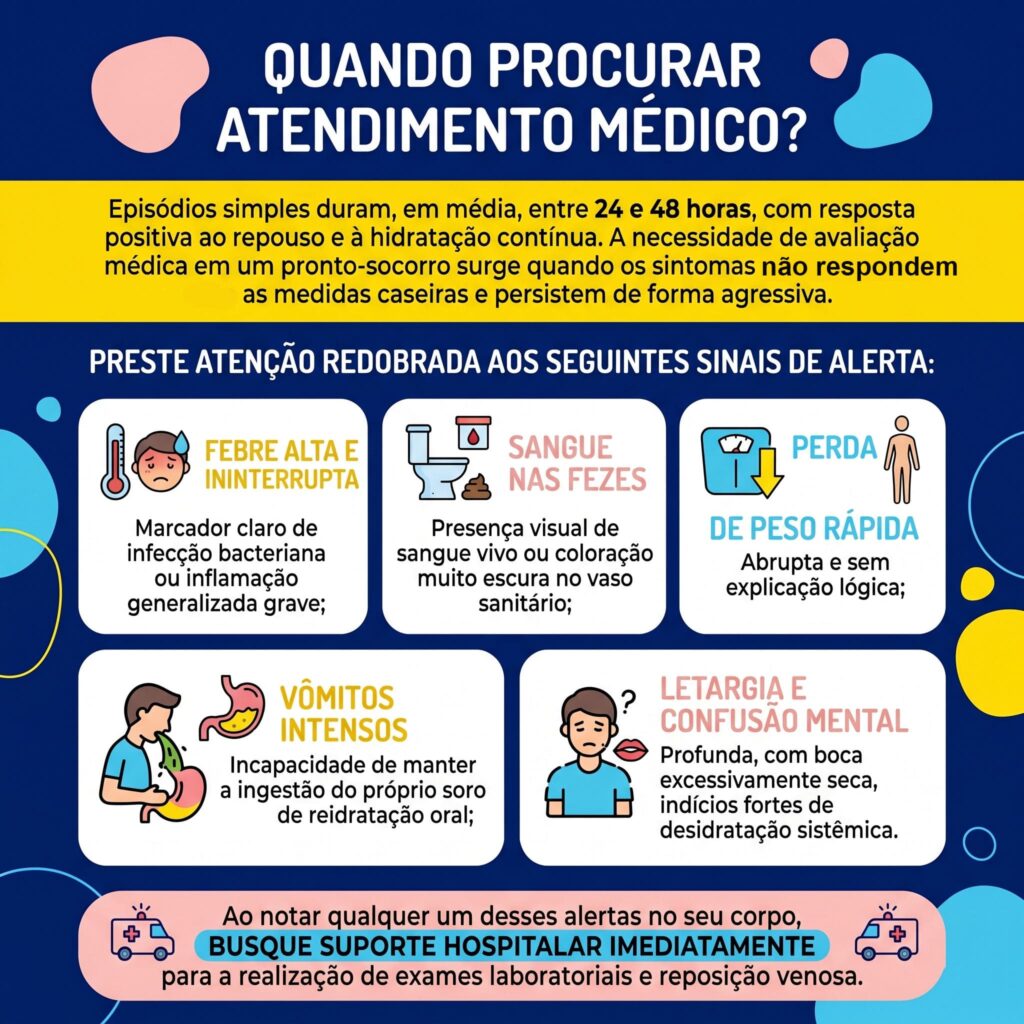 Infográfico mostra sinais de alerta de desconforto intestinal que indicam necessidade de atendimento médico.
