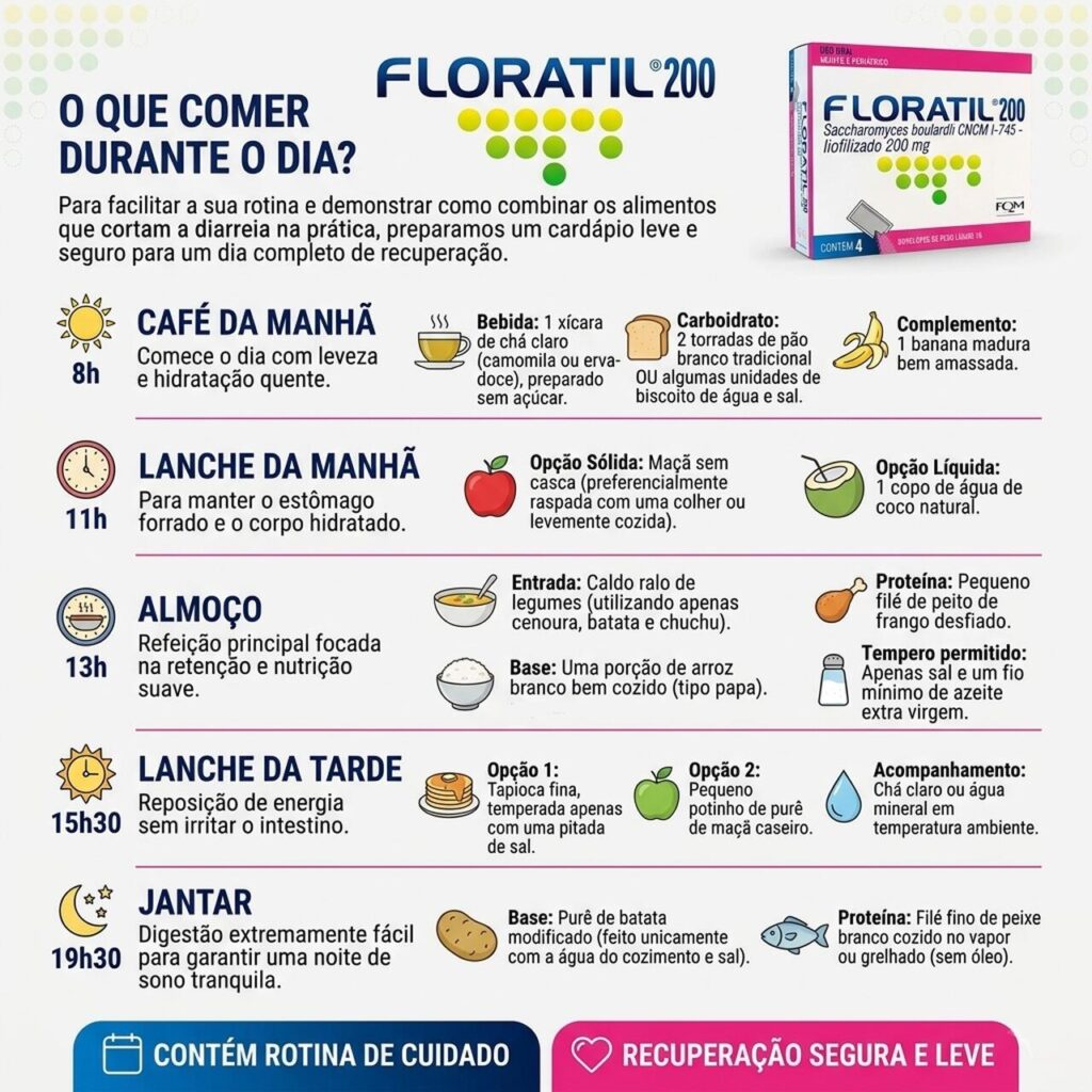 Cardápio para dieta leve e recuperação de diarreia com indicações de alimentos como arroz branco, frango desfiado, banana e chá, associado ao uso de Floratil 200mg.