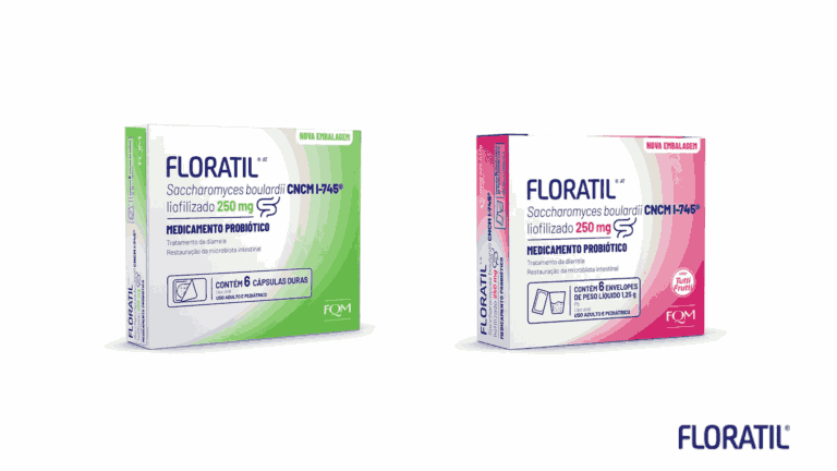 Embalagens de Floratil 250mg em cápsulas e sachês, destacando os benefícios do Floratil para a saúde intestinal.