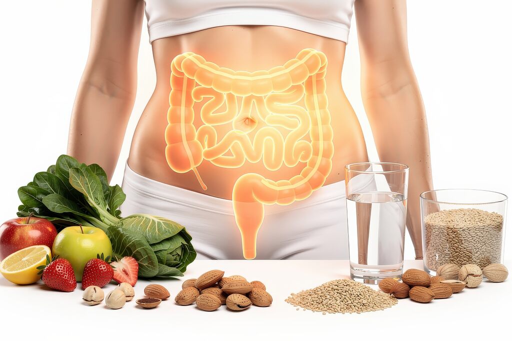 Ilustração do sistema digestivo com alimentos ricos em fibras mostra como ter uma microbiota saudável.
