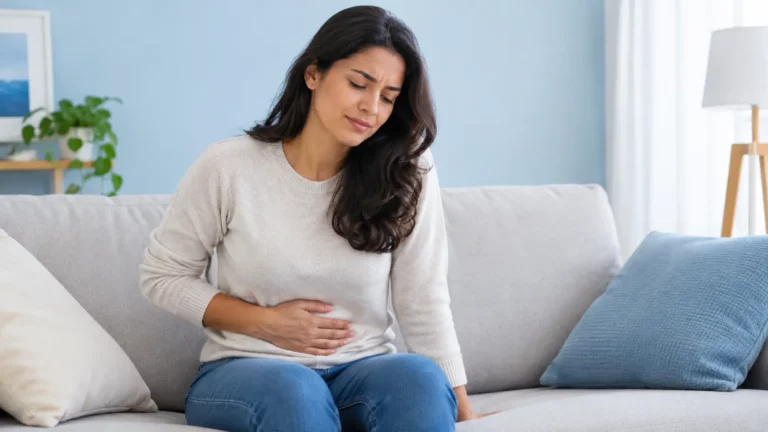 Mulher sentada no sofá com a mão sobre o abdômen, demonstrando desconforto abdominal.
